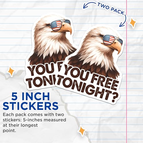 (2 Pack) Funny Bald Eagle Stickers - Patriotic Eagle in Sunglasses - Eagle with American Flag - 5" On Longest Side - Sticks to Smooth Flat Surfaces - Made in USA - BMCS7408
