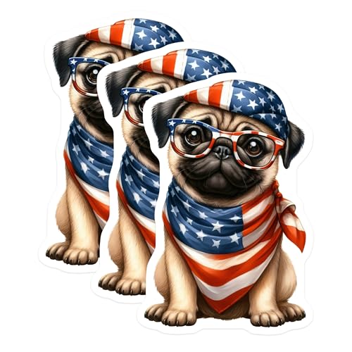 (3 Pack) Patriotic Pug Decals - American Flag Dog - Cute Pet Decor- 3 Inches On Longest Side - Easy Peel & Apply - Made in USA - 3MCS5740