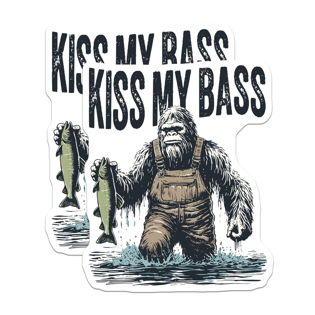 (2 Pack) Kiss My Bass Magnets - Hilarious Bigfoot Fishing Enthusiast - Sasquatch Angler Humor - Outdoor Lake Cabin Decor - 5 Inches On Longest Side - Thick Durable Magnet - Made in USA - MAG23182