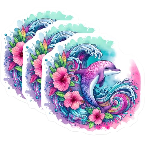 (3 Pack) Dolphin Decals - Tropical Flowers - Laptop Decal - 3 Inches On Longest Side - Easy Peel & Apply - Made in USA - 3MCS8241