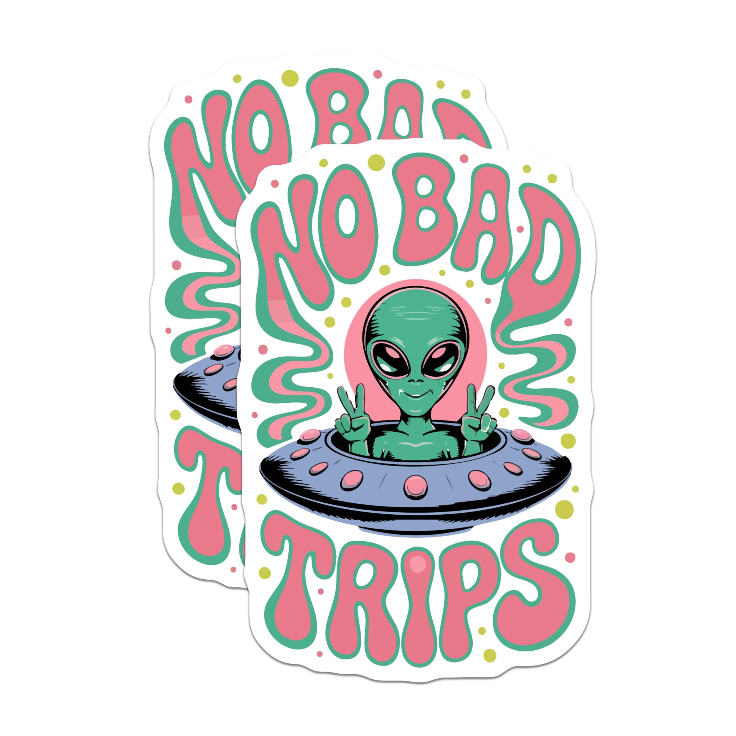 (2 Pack) Alien Magnets - No Bad Trips UFO Art - Psychedelic Space Decor - Retro Groovy Vibe - Extraterrestrial Peace Sign Fun - 5 Inches On Longest Side - Thick Durable Magnet - Made in USA - MAG20275