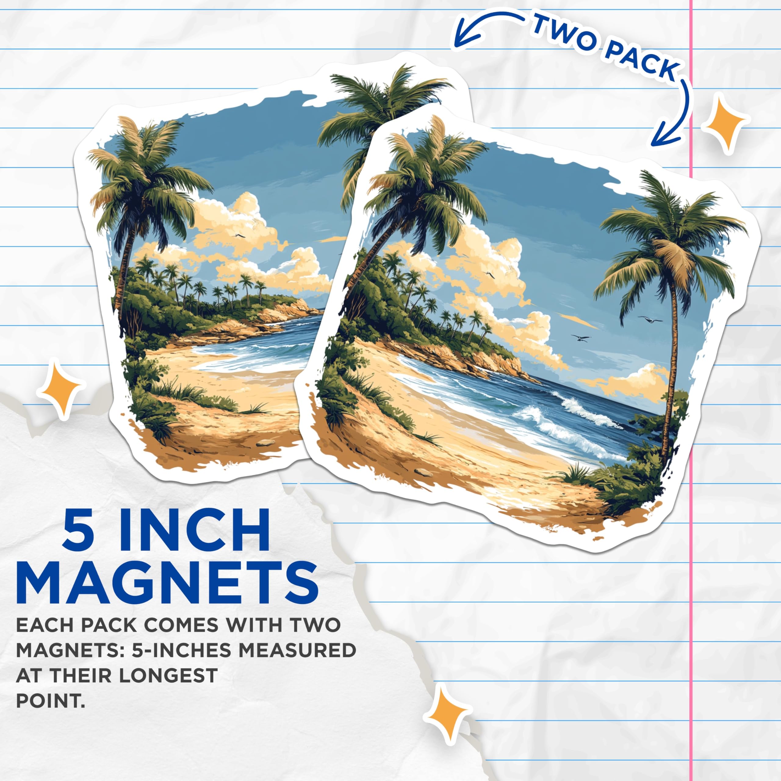 (2 Pack) Tropical Beach Magnets - Ocean Waves - Palm Tree Landscape - 5 Inches On Longest Side - Thick Durable Magnet - Made in USA - MAG29296