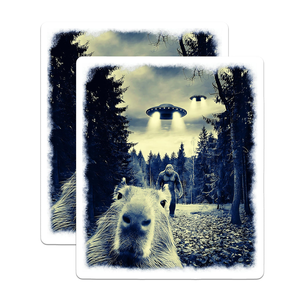 (2 Pack) Capybara UFO Stickers - Bigfoot Alien Encounter Stickers - Funny Cryptid Stickers - 5" On Longest Side - Sticks to Any Smooth Flat Surface - Made in USA - BMCS3375