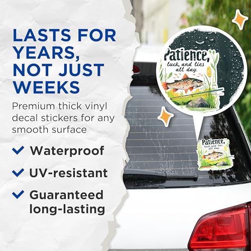 (2 Pack) Patience Fishing Stickers - Angler Quotes Stickers - Fishing Humor Decals - 5" On Longest Side - Sticks to Any Smooth Flat Surface - Made in USA - BMCS2628