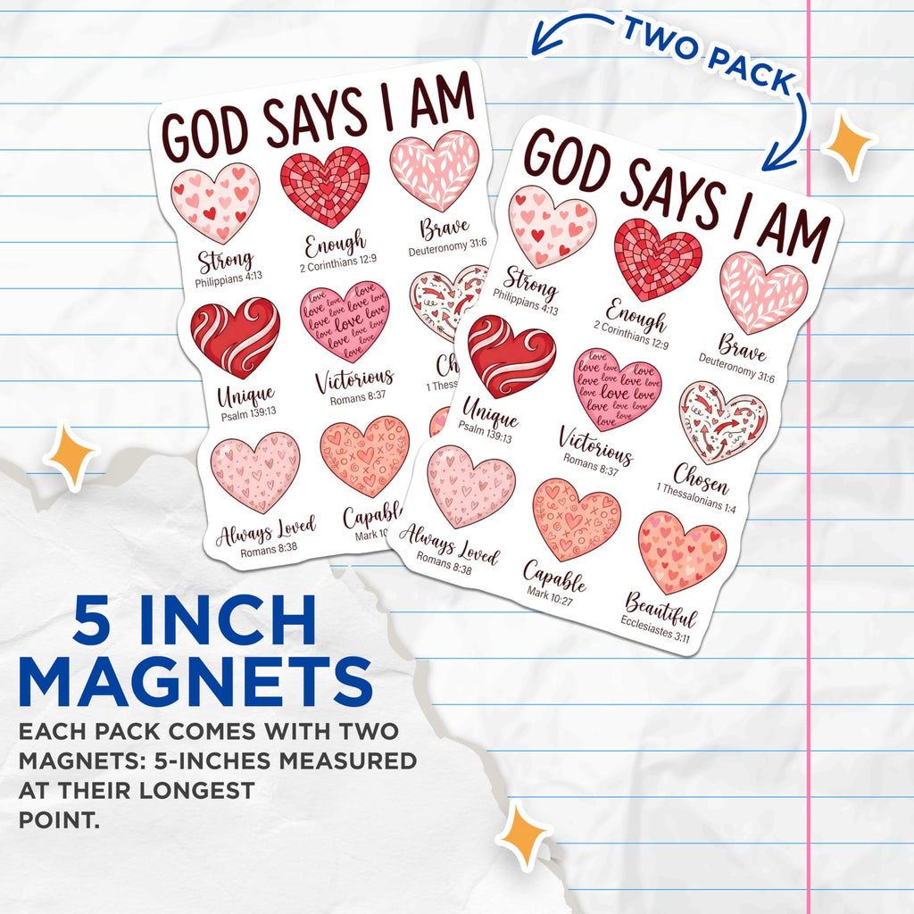 (2 Pack) Christian Affirmation Magnets - God Says I Am - Religious Fridge Decor - 5" On Longest Side - Premium Magnet - for Cars, Refrigerators, Toolboxes, Lockers - Made in USA - MAG14934