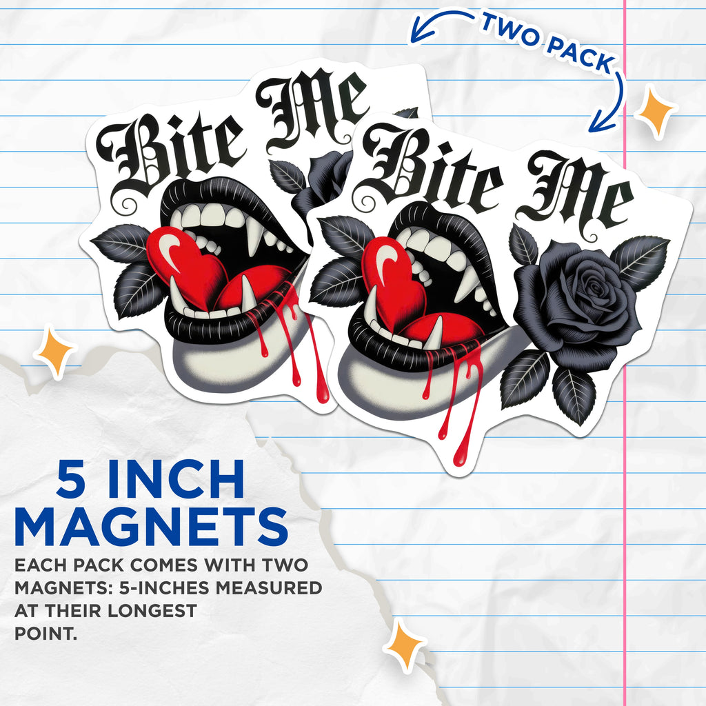 (2 Pack) Bite Me Vampire Magnets - Goth Lips Black Rose Decor - Alt Emo Refrigerator Set for Her - Edgy Kitchen Idea - 5 Inches On Longest Side - Thick Durable Magnet - Made in USA - MAG36818
