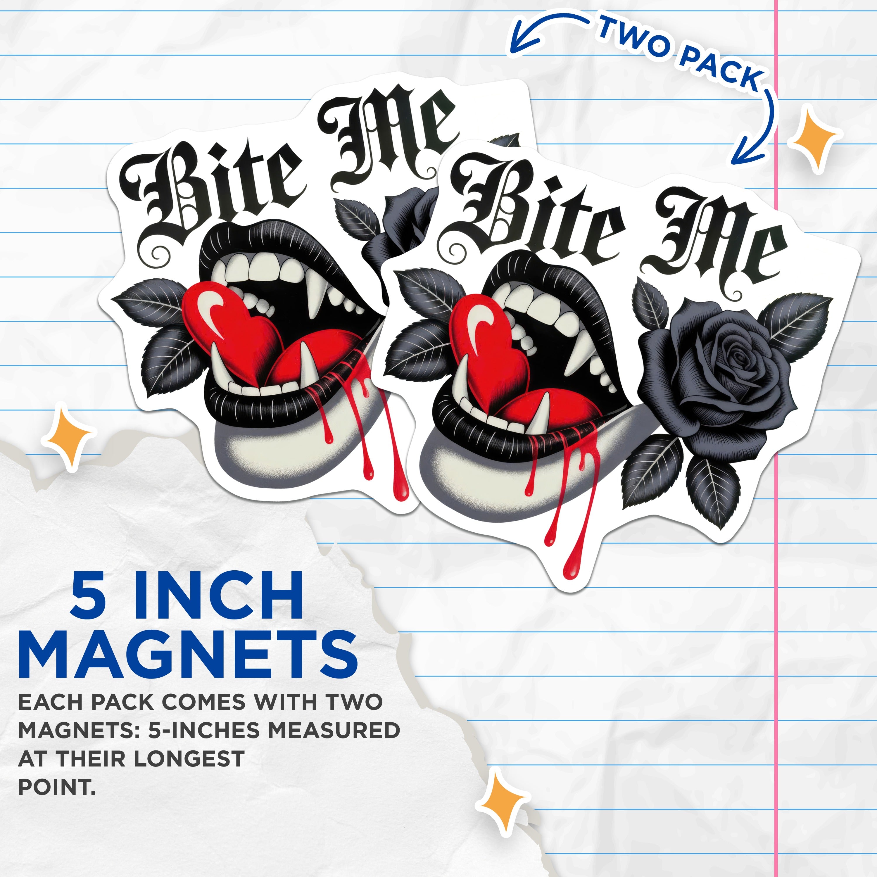 (2 Pack) Bite Me Vampire Magnets - Goth Lips Black Rose Decor - Alt Emo Refrigerator Set for Her - Edgy Kitchen Idea - 5 Inches On Longest Side - Thick Durable Magnet - Made in USA - MAG36818