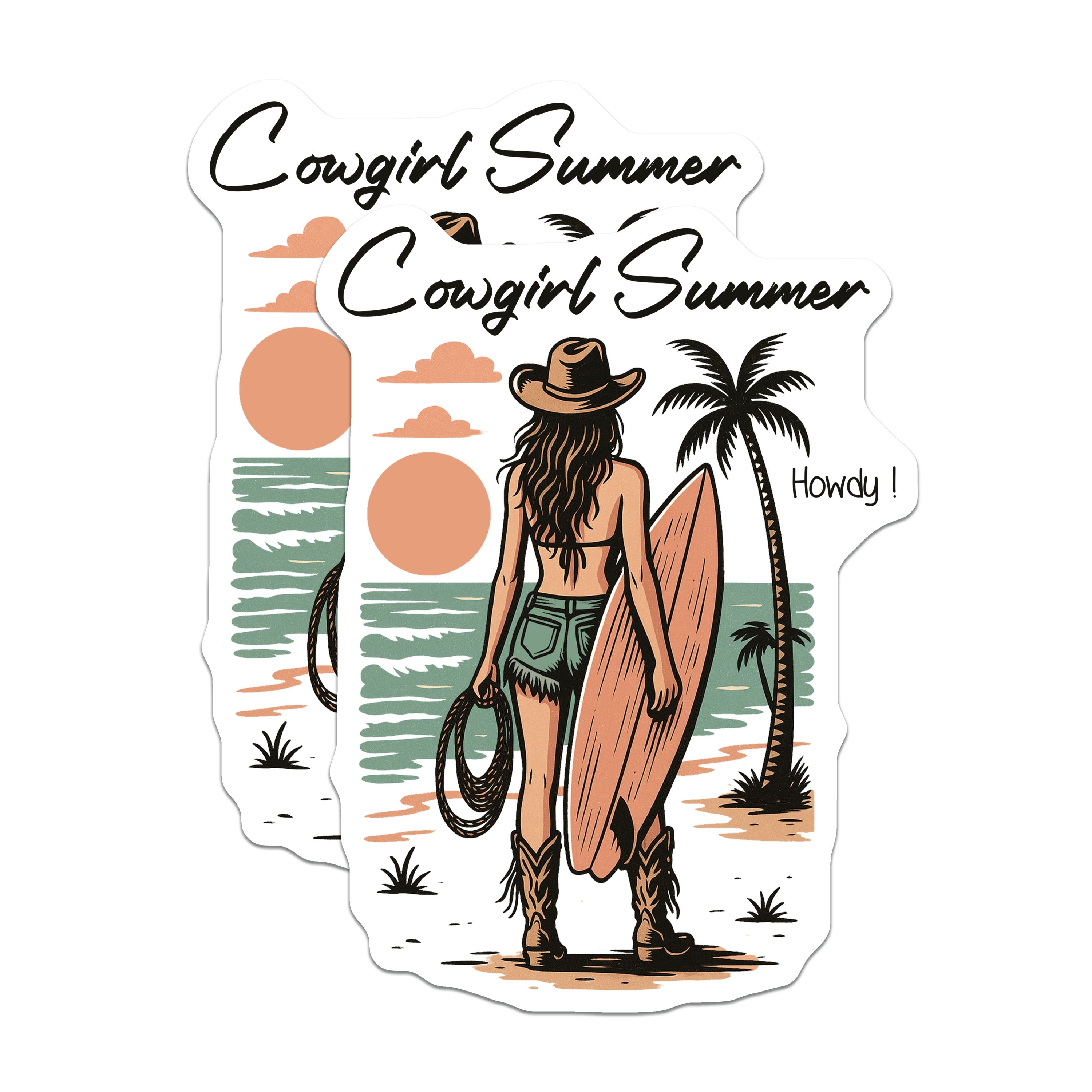 (2 Pack) Cowgirl Summer Magnets - Beachy Western Decor - Surf Girl Howdy Vibe - 5 Inches On Longest Side - Thick Durable Magnet - Made in USA - MAG36695