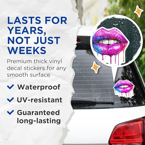 (2 Pack) Dripping Rainbow Lips Stickers - Vibrant Cosmetic Art Decals - Lipstick Stickers - 5" On Longest Side - Sticks to Smooth Flat Surfaces - Made in USA - BMCS6424