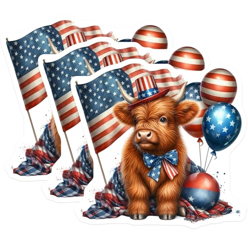 (3 Pack) Patriotic Highland Cow Decals - USA Flag Decal - Cute Animal Decal- 3 Inches On Longest Side - Easy Peel & Apply - Made in USA - 3MCS5097