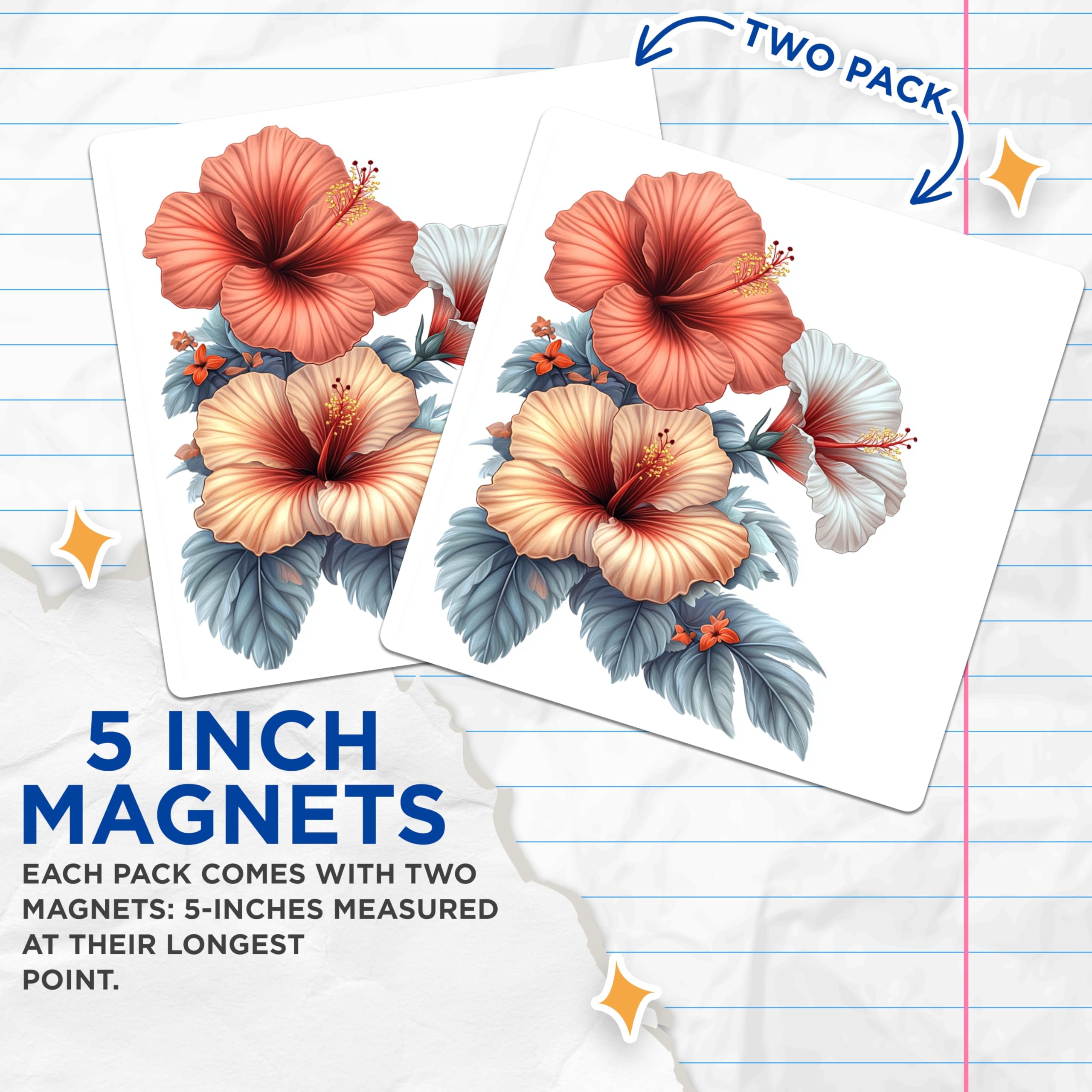 (2 Pack) Hibiscus Flower Magnets - Tropical Summer Decor - Botanical Kitchen Fridge Art - 5 Inches On Longest Side - Thick Durable Magnet - Made in USA - MAG25423