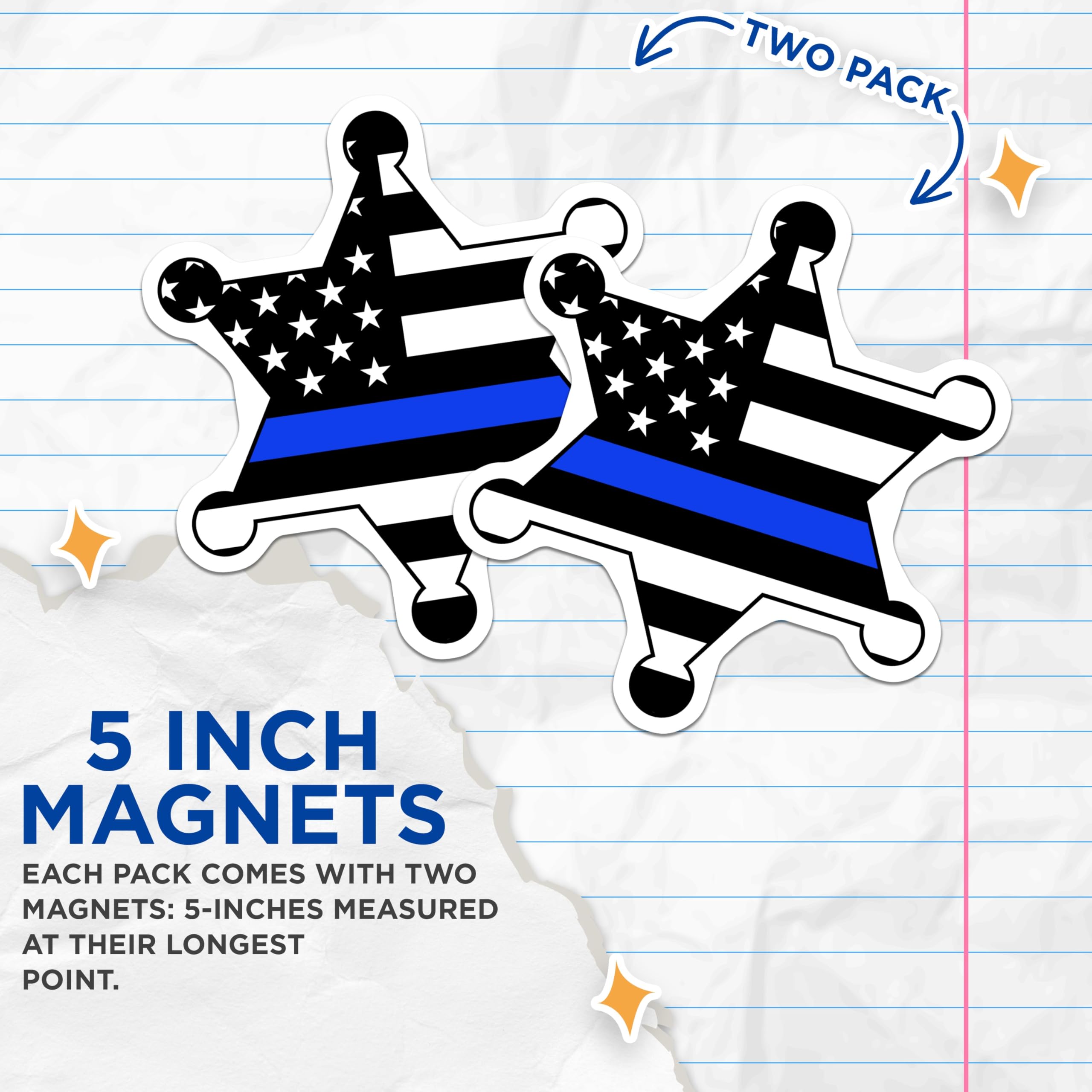 (2 Pack) Thin Blue Line Magnets - Police Support Star - Law Enforcement USA Flag Badge - 5 Inches On Longest Side - Thick Durable Magnet - Made in USA - MAG20638