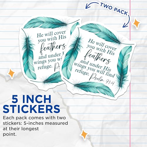 (2 Pack) He Will Cover You Stickers - Bible Verse - Religious Quote - Inspirational Christian - 5" On Longest Side - Sticks to Smooth Flat Surfaces - Made in USA - BMCS7555