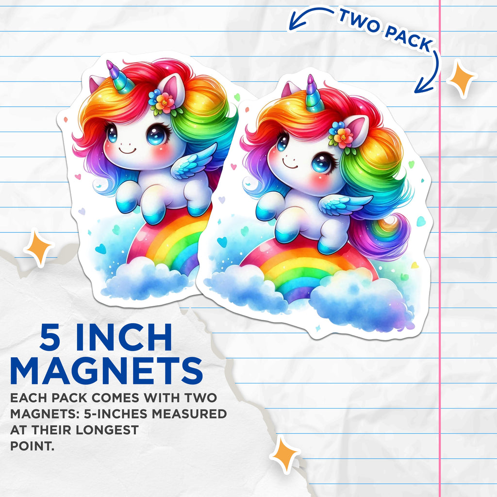 (2 Pack) Cute Unicorn Rainbow Magnets - Kawaii Fantasy Decor - Kids Room Locker Magnets - 5 Inches On Longest Side - Thick Durable Magnet - Made in USA - MAG37696