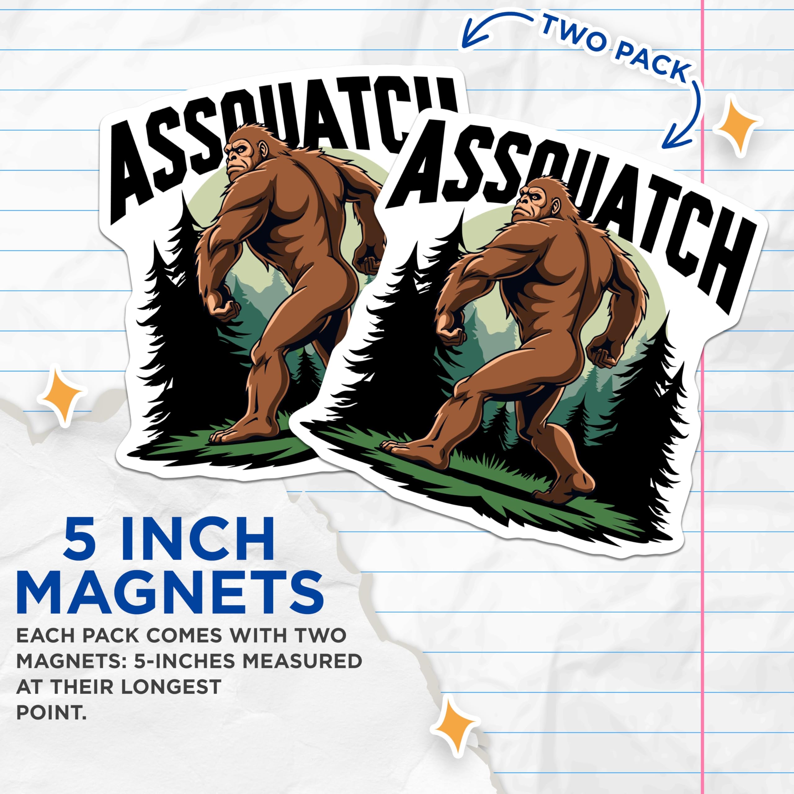 (2 Pack) Assquatch Magnets - Funny Bigfoot Cryptid Humor - Sasquatch Forest Creature Decor - 5 Inches On Longest Side - Thick Durable Magnet - Made in USA - MAG21454
