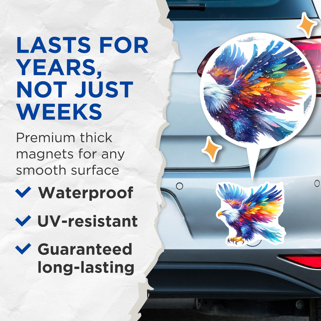 (2 Pack) Watercolor Eagle Magnets - Vibrant Rainbow Bird Decor - Majestic Flying Animal Art - 5 Inches On Longest Side - Thick Durable Magnet - Made in USA - MAG22209