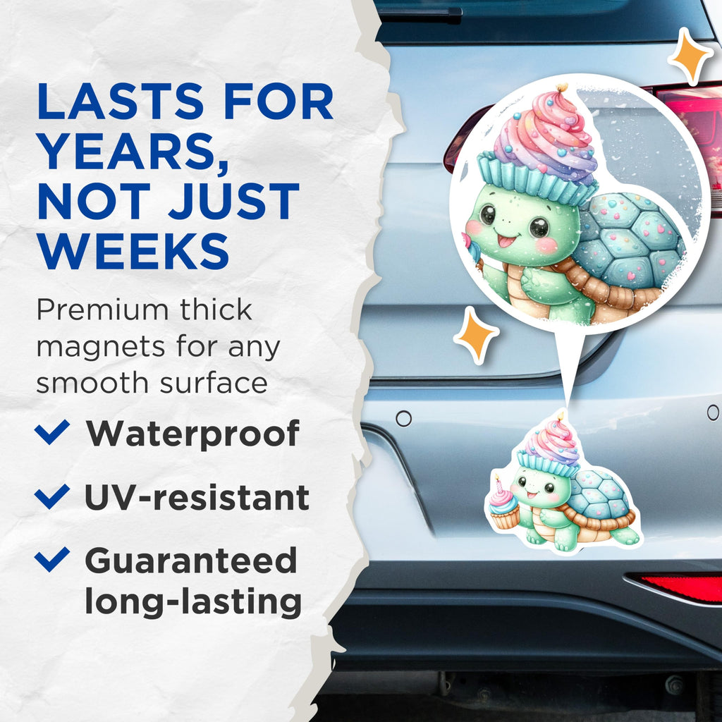 (2 Pack) Adorable Birthday Turtle Magnets - Sweet Cupcake Animal Refrigerator Decor - Kawaii Reptile Locker Accessories - 5 Inches On Longest Side - Thick Durable Magnet - Made in USA - MAG21749