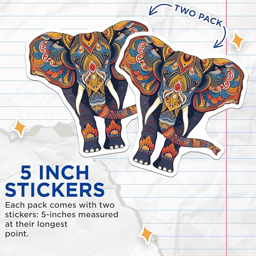 (2 Pack) Elephant Mandala Stickers - Colorful Animal Stickers - Boho Elephant - Decorative Art Stickers - 5" On Longest Side - Sticks to Smooth Flat Surfaces - Made in USA - BMCS4691