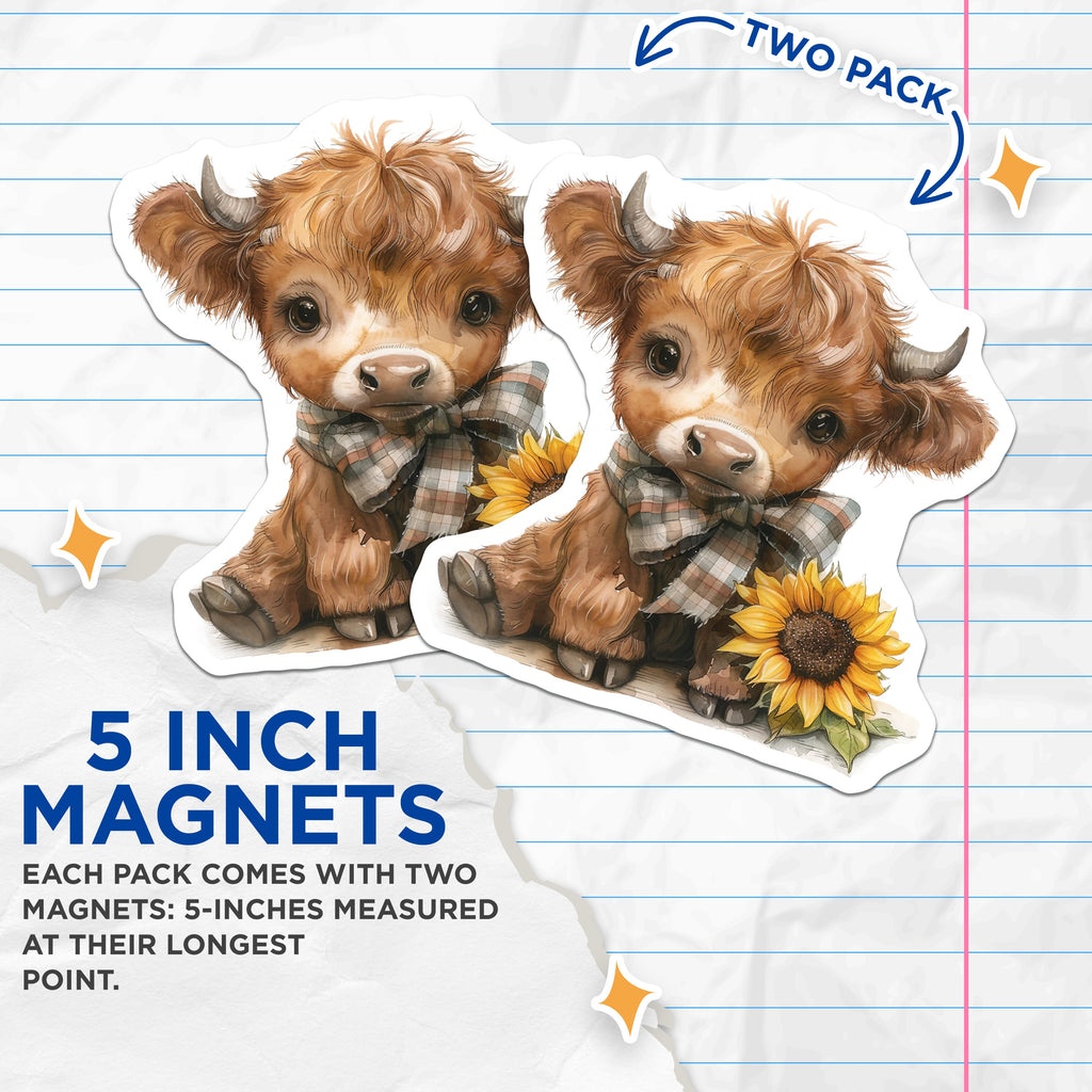 (2 Pack) Cute Highland Cow Magnets - Watercolor Farmhouse Decor - Sunflower Baby Animal Art - 5 Inches On Longest Side - Thick Durable Magnet - Made in USA - MAG39817