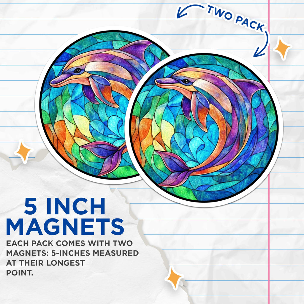 (2 Pack) Stained Glass Dolphin Magnets - Colorful Ocean Animal Decor - Mosaic Art Sea Life Accent - 5 Inches On Longest Side - Thick Durable Magnet - Made in USA - MAG26019
