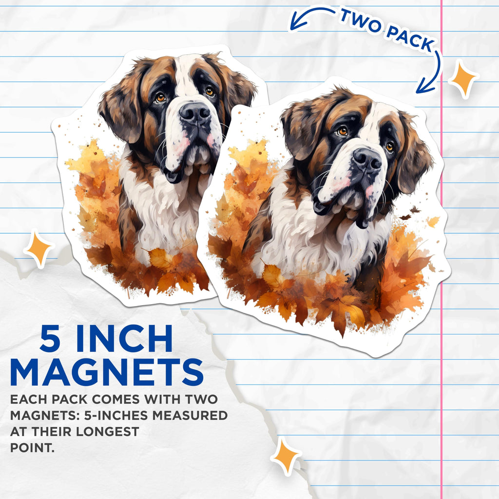 (2 Pack) Saint Bernard Magnets - Autumn Fall Decor - Dog Breed Art Kitchen - 5 Inches On Longest Side - Thick Durable Magnet - Made in USA - MAG30379