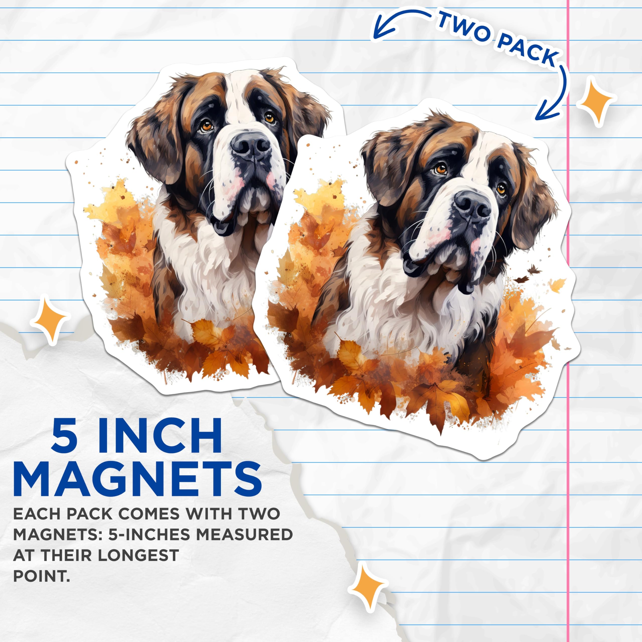 (2 Pack) Saint Bernard Magnets - Autumn Fall Decor - Dog Breed Art Kitchen - 5 Inches On Longest Side - Thick Durable Magnet - Made in USA - MAG30379