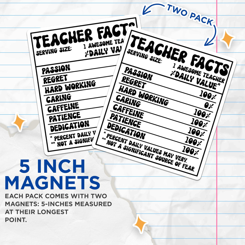 (2 Pack) Teacher Facts Magnets - Awesome Teacher Appreciation - Teacher Nutritional Facts - 5" On Longest Side - Premium Magnet - for Cars, Refrigerators, Toolboxes, Lockers - Made in USA - MAG16292