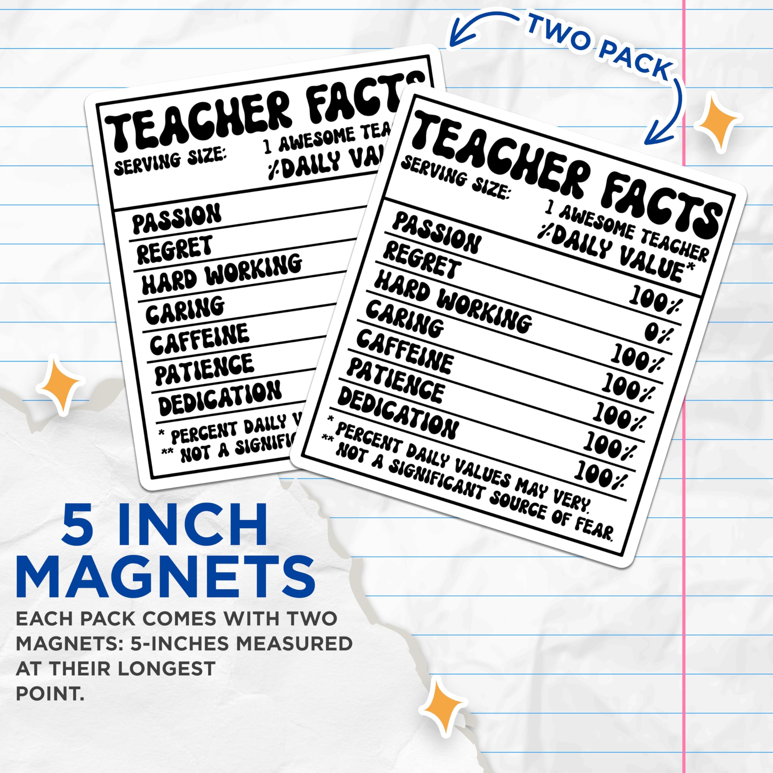 (2 Pack) Teacher Facts Magnets - Awesome Teacher Appreciation - Teacher Nutritional Facts - 5" On Longest Side - Premium Magnet - for Cars, Refrigerators, Toolboxes, Lockers - Made in USA - MAG16292