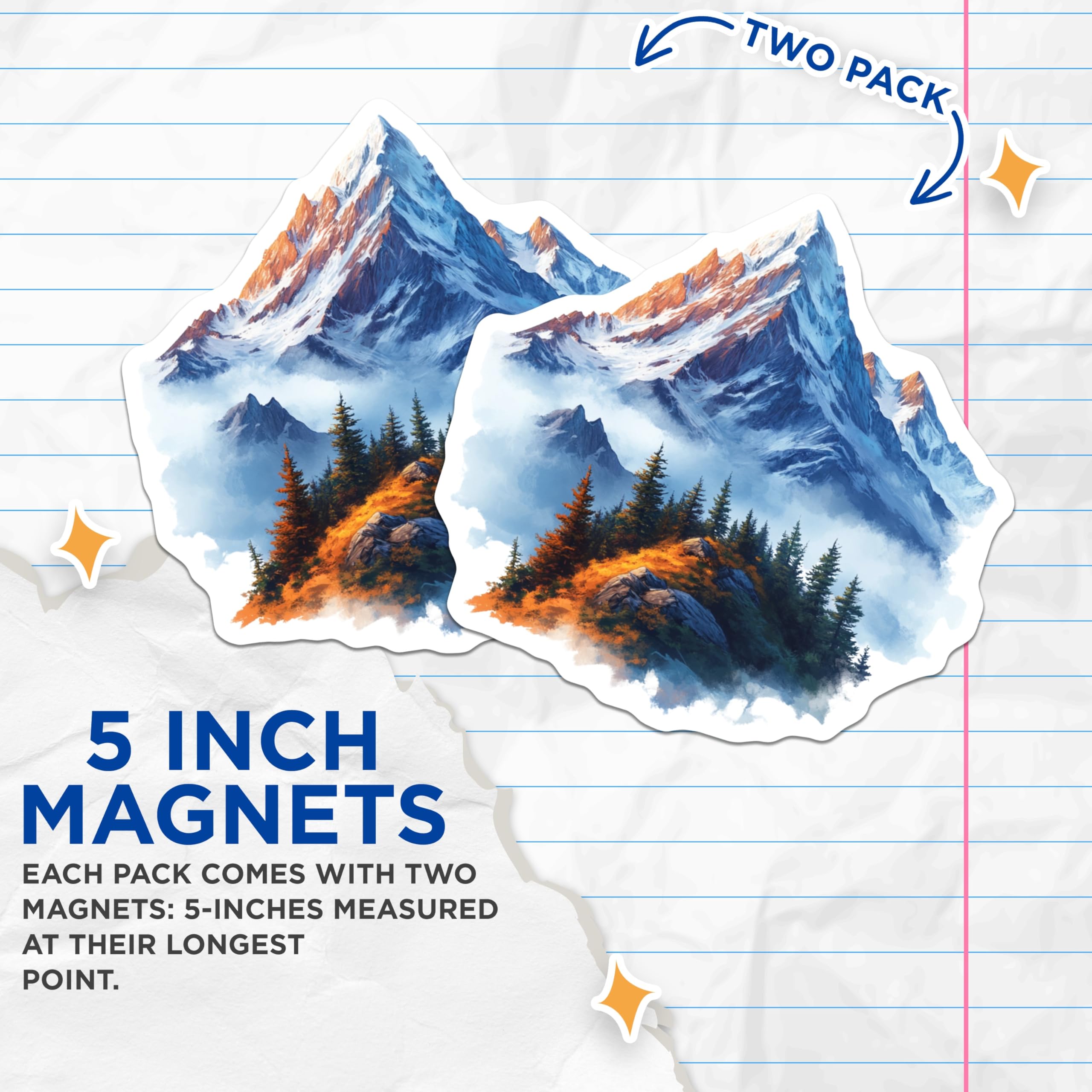 (2 Pack) Mountain Landscape Magnets - Snowy Peaks Art - Outdoor Adventure Decor - 5 Inches On Longest Side - Thick Durable Magnet - Made in USA - MAG25604