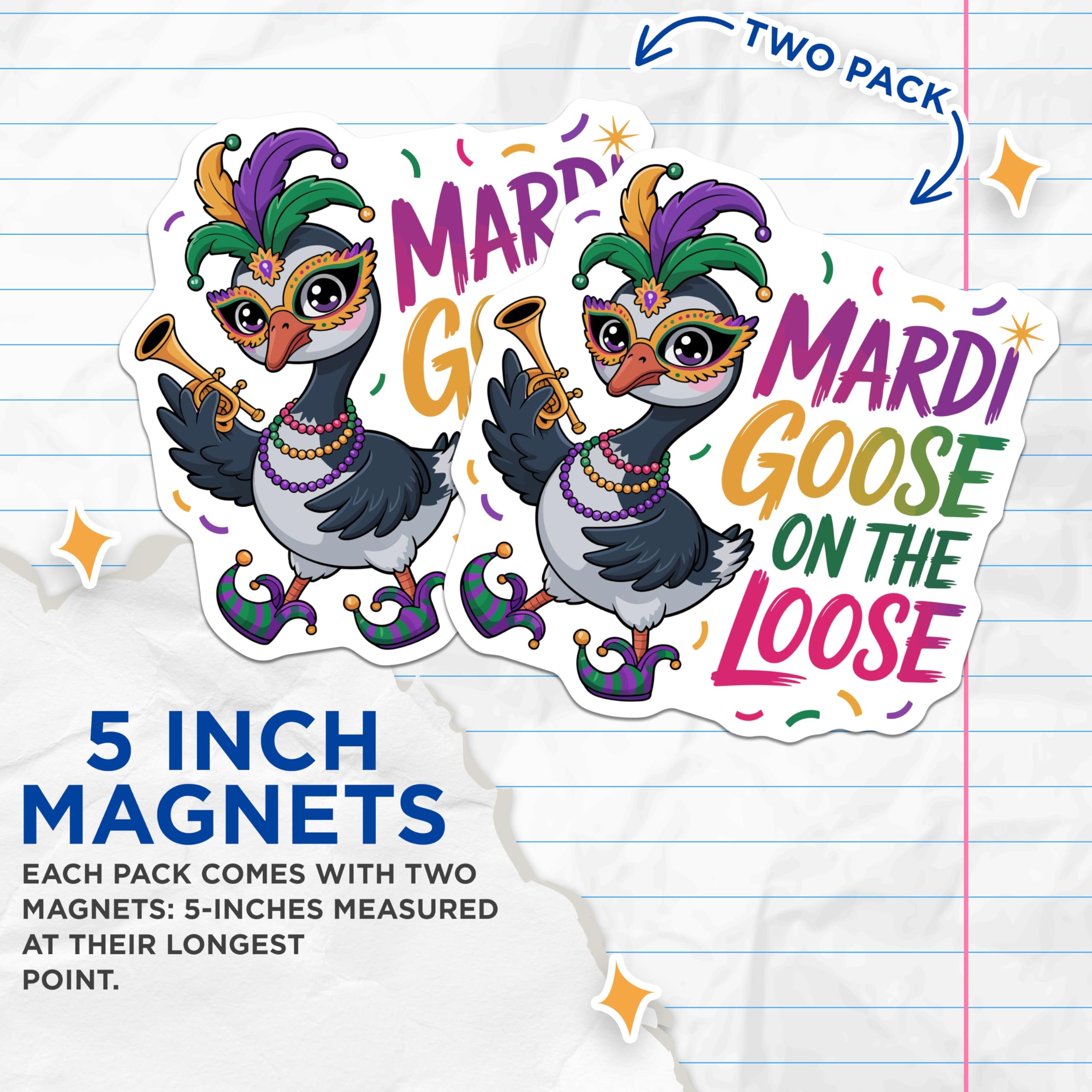 (2 Pack) Mardi Goose On The Loose Magnets - Mardi Gras Decor - Festive Animal Art - 5 Inches On Longest Side - Thick Durable Magnet - Made in USA - MAG20415