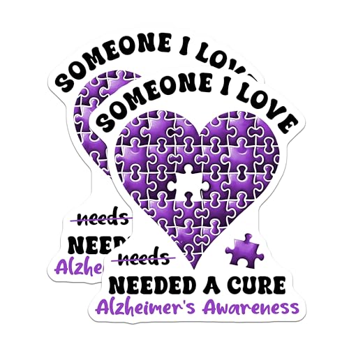 (2 Pack) Alzheimer's Awareness Stickers - Purple Puzzle Heart Decal - Someone I Love Needed a Cure - 5" On Longest Side - Sticks to Smooth Flat Surfaces - Made in USA - BMCS9793