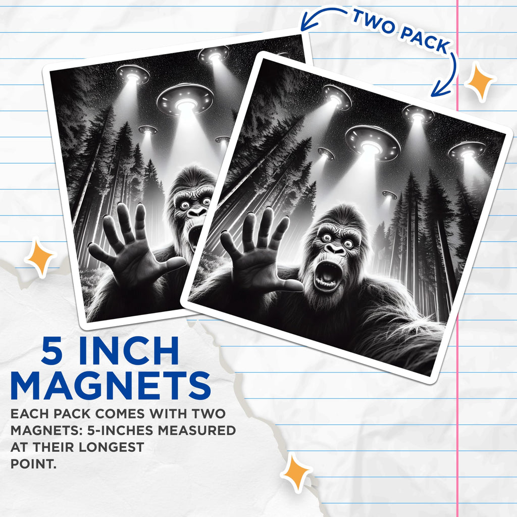 (2 Pack) Bigfoot Alien Abduction Magnets - Sasquatch UFO Encounter - Sci-Fi Cryptid Forest Decor - 5 Inches On Longest Side - Thick Durable Magnet - Made in USA - MAG21103