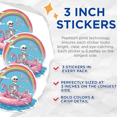 (3 Pack) Be Salty Decals - Skeleton Decal - Flamingo Decals - 3 Inches On Longest Side - Easy Peel & Apply - Made in USA - 3MCS0868