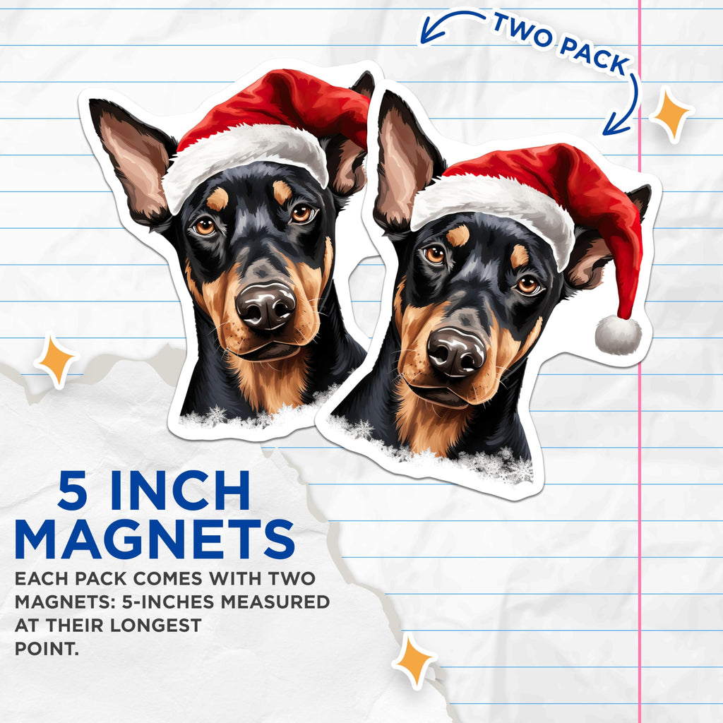 (2 Pack) Doberman Christmas Dog Magnets - Santa Hat Pet Decor - Holiday Animal Lover Items - 5 Inches On Longest Side - Thick Durable Magnet - Made in USA - MAG27089