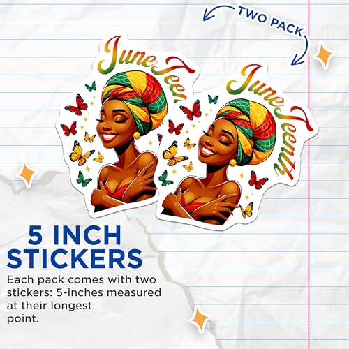 (2 Pack) Juneteenth Celebration Stickers - African Pride - Butterfly Art - 5" On Longest Side - Sticks to Smooth Flat Surfaces - Made in USA - BMCS7364
