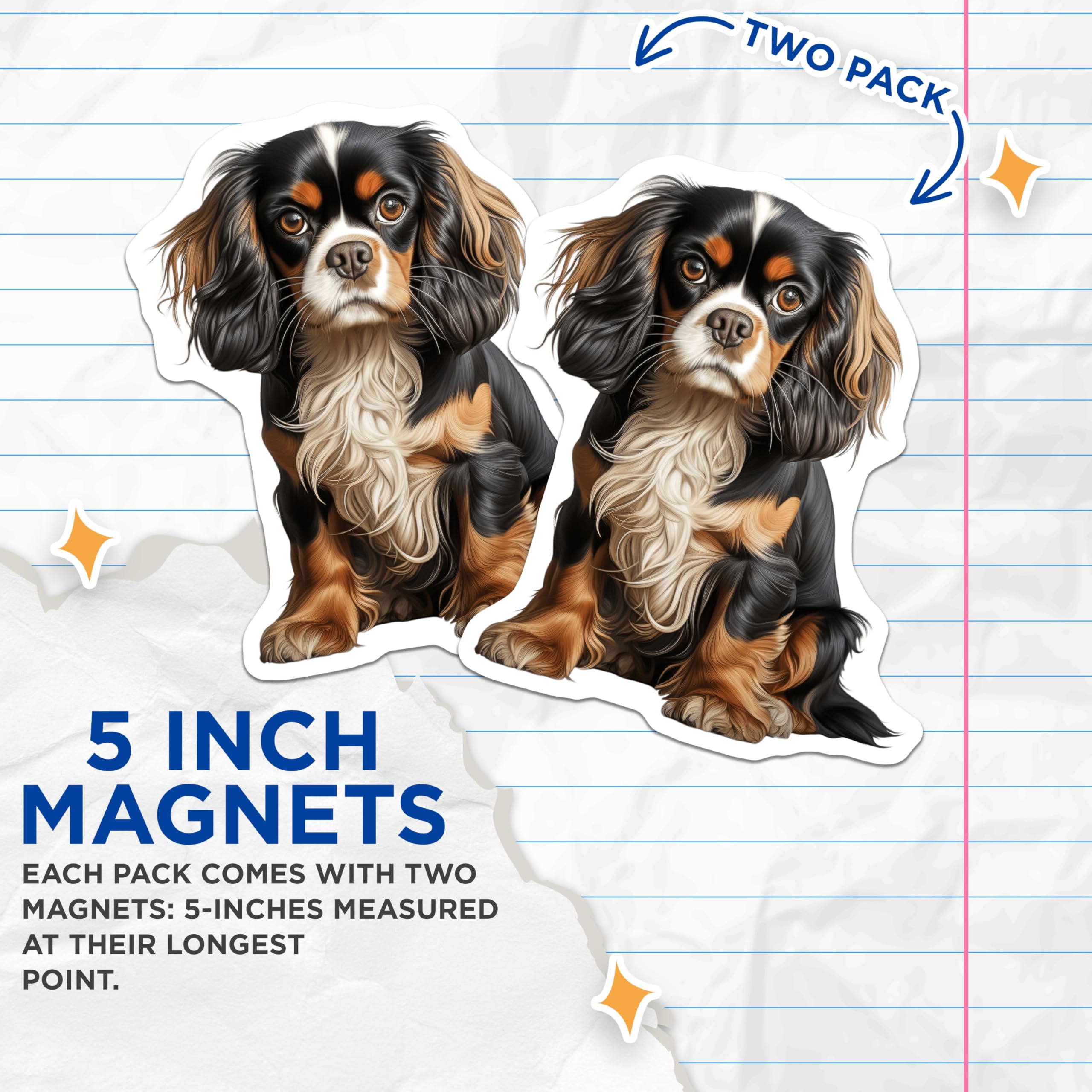 (2 Pack) Cavalier King Charles Spaniel Magnets - Tricolor Dog Lover - Puppy Pet Parent Decor - 5 Inches On Longest Side - Thick Durable Magnet - Made in USA - MAG30118