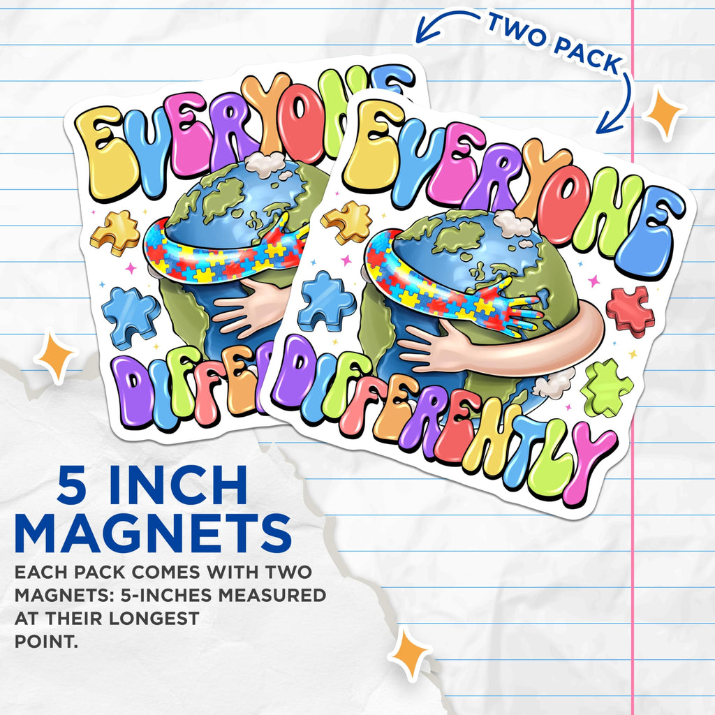 (2 Pack) Autism Awareness Magnets - Neurodiversity Earth Hug - Everyone Differently Acceptance Decor - 5 Inches On Longest Side - Thick Durable Magnet - Made in USA - MAG23331