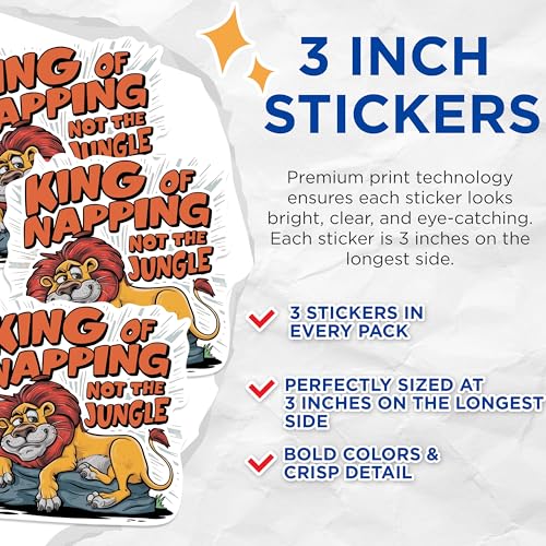 (3 Pack) King of Napping Decals - Lazy Lion - Funny Laptop Decal - 3 Inches On Longest Side - Easy Peel & Apply - Made in USA - 3MCS0901
