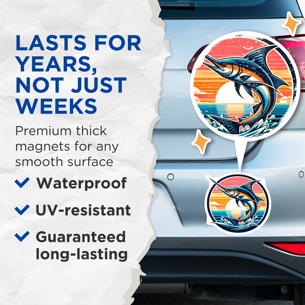 (2 Pack) Marlin Fishing Magnets - Retro Ocean Sunset Scene - Deep Sea Angler Decor - Coastal Beach Home - Marine Life Art - 5 Inches On Longest Side - Thick Durable Magnet - Made in USA - MAG36491