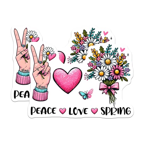 (2 Pack) Peace Love Spring Stickers - Floral Bouquet - Hand Sign - Heart - 5" On Longest Side - Sticks to Smooth Flat Surfaces - Made in USA - BMCS8012