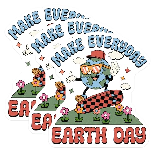 (3 Pack) Earth Day Decals - Planet Skateboard - Retro Stickers - 3 Inches On Longest Side - Easy Peel & Apply - Made in USA - 3MCS7485