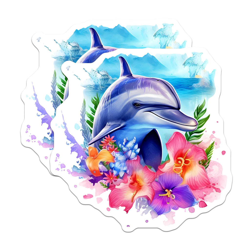 (2 Pack) Ocean Dolphin Magnets - Tropical Flowers Decor - Marine Life Art Refrigerator Magnets - 5 Inches On Longest Side - Thick Durable Magnet - Made in USA - MAG21374