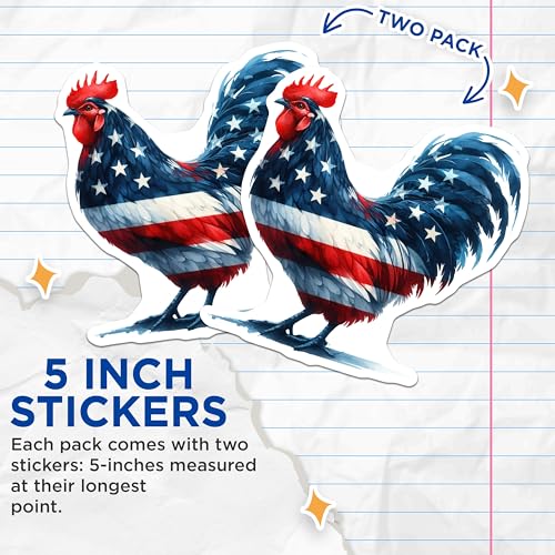 (2 Pack) Patriotic Rooster Stickers - American Flag Rooster - Farmhouse Decor Stickers - Country Pride Stickers - 5" On Longest Side - Sticks to Smooth Flat Surfaces - Made in USA - BMCS6558
