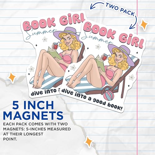 (2 Pack) Book Girl Summer Magnets - Dive Into A Good Book - Girl Reading Poolside Decor - 5" On Longest Side - for Cars, Fridges, Toolboxes - Made in USA - MAG7282