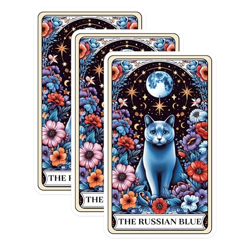 (3 Pack) Russian Blue Cat Decals - Celestial Kitty Art - Floral Laptop Decal - 3 Inches On Longest Side - Easy Peel & Apply - Made in USA - 3MCS0118
