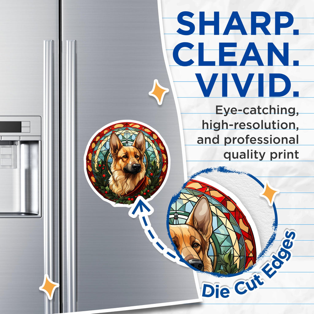 (2 Pack) German Shepherd Magnets - Stained Glass Holiday Decor - Festive Dog Art - 5 Inches On Longest Side - Thick Durable Magnet - Made in USA - MAG29216