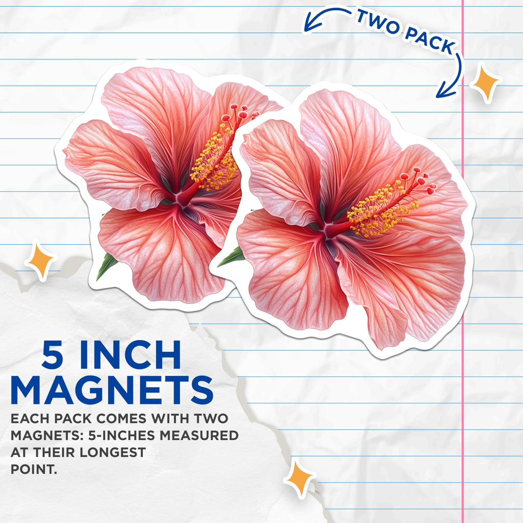 (2 Pack) Hibiscus Magnets - Tropical Flower Fridge Decor - Botanical Kitchen Accent - 5 Inches On Longest Side - Thick Durable Magnet - Made in USA - MAG29384