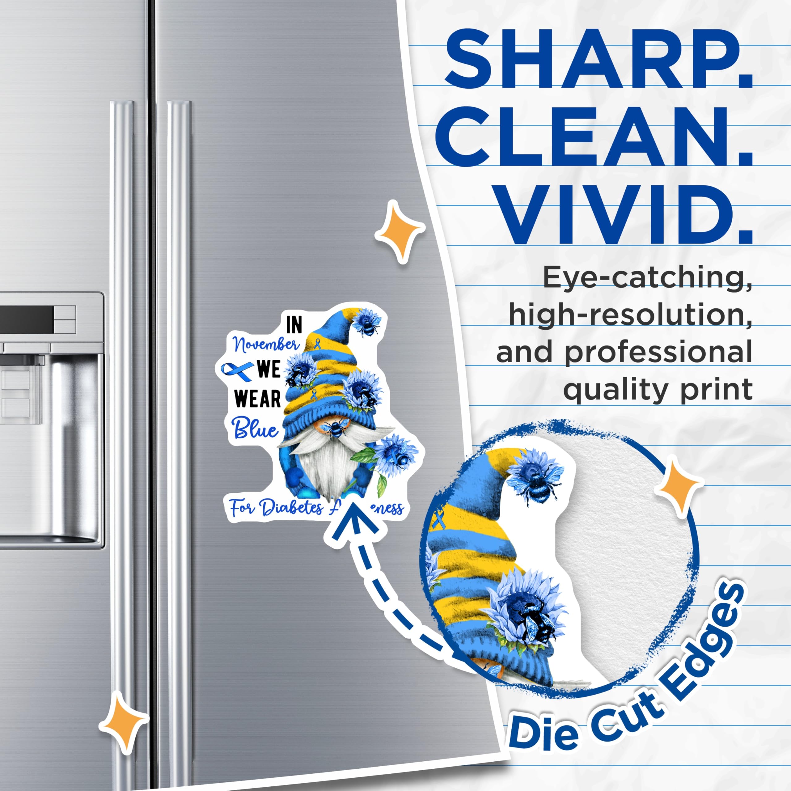 (2 Pack) Diabetes Awareness Gnome Magnets - Blue Ribbon Support - Bee and Flower Art - 5" On Longest Side - Premium Magnet - for Cars, Refrigerators, Toolboxes, Lockers - Made in USA - MAG16952