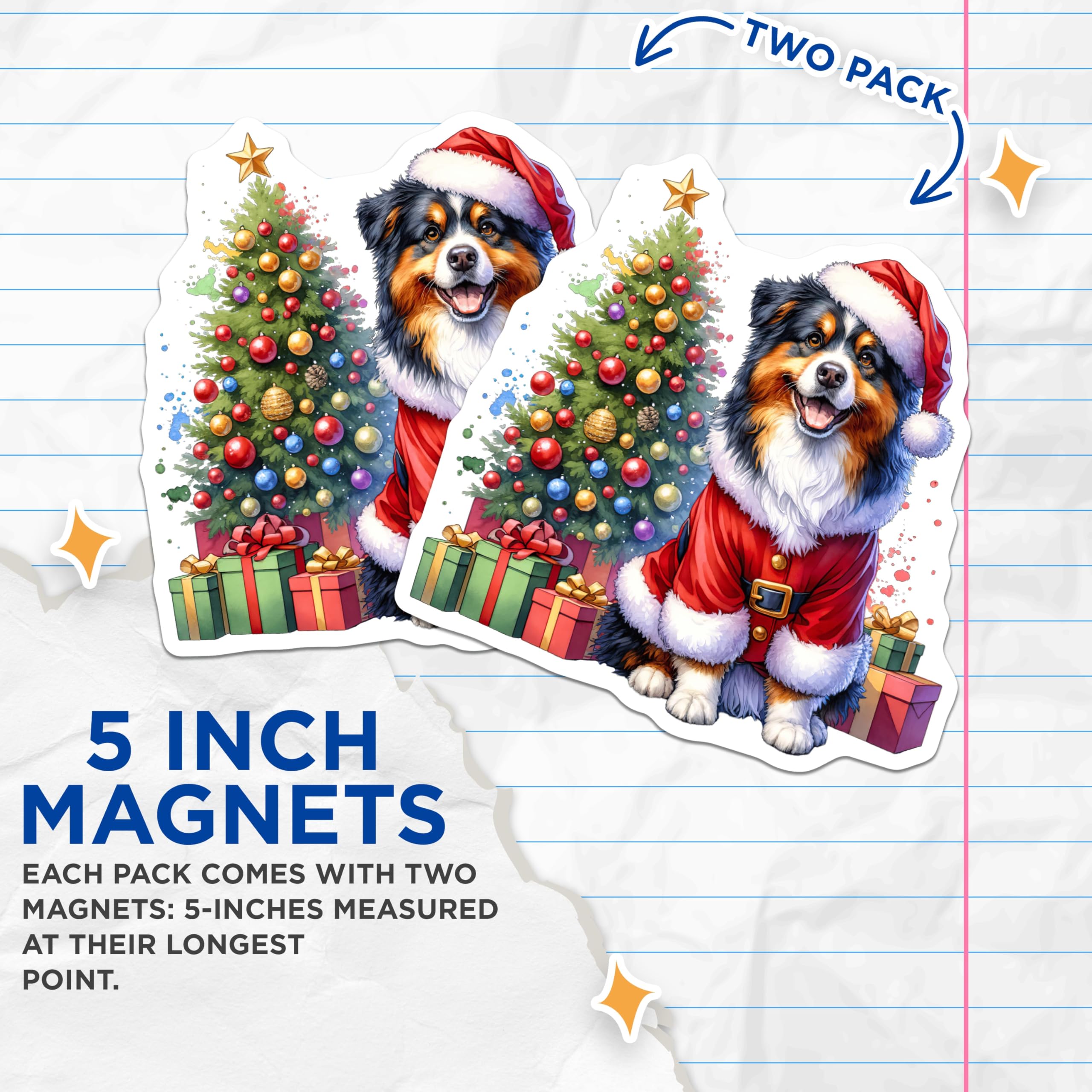 (2 Pack) Australian Shepherd Magnets - Santa Dog Holiday Decor - Cute Christmas Pet Art for Fridge - 5 Inches On Longest Side - Thick Durable Magnet - Made in USA - MAG25861