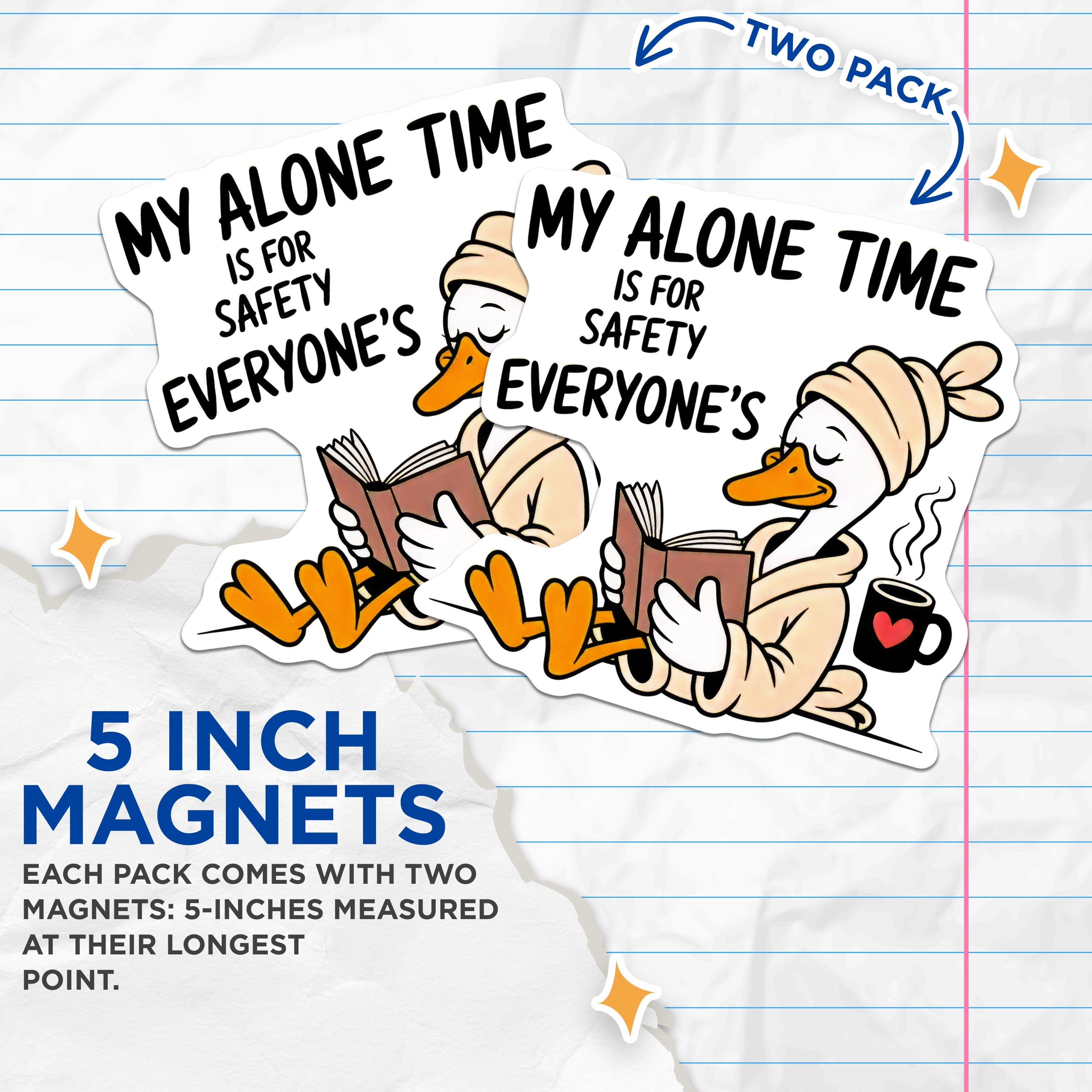 (2 Pack) Funny Introvert Alone Time Magnets - Cozy Duck Reading - Self Care Fridge Decor - 5 Inches On Longest Side - Thick Durable Magnet - Made in USA - MAG37581